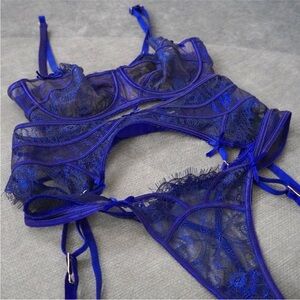 Honey Birdette 3 piece  Blue Lace Lingerie Set